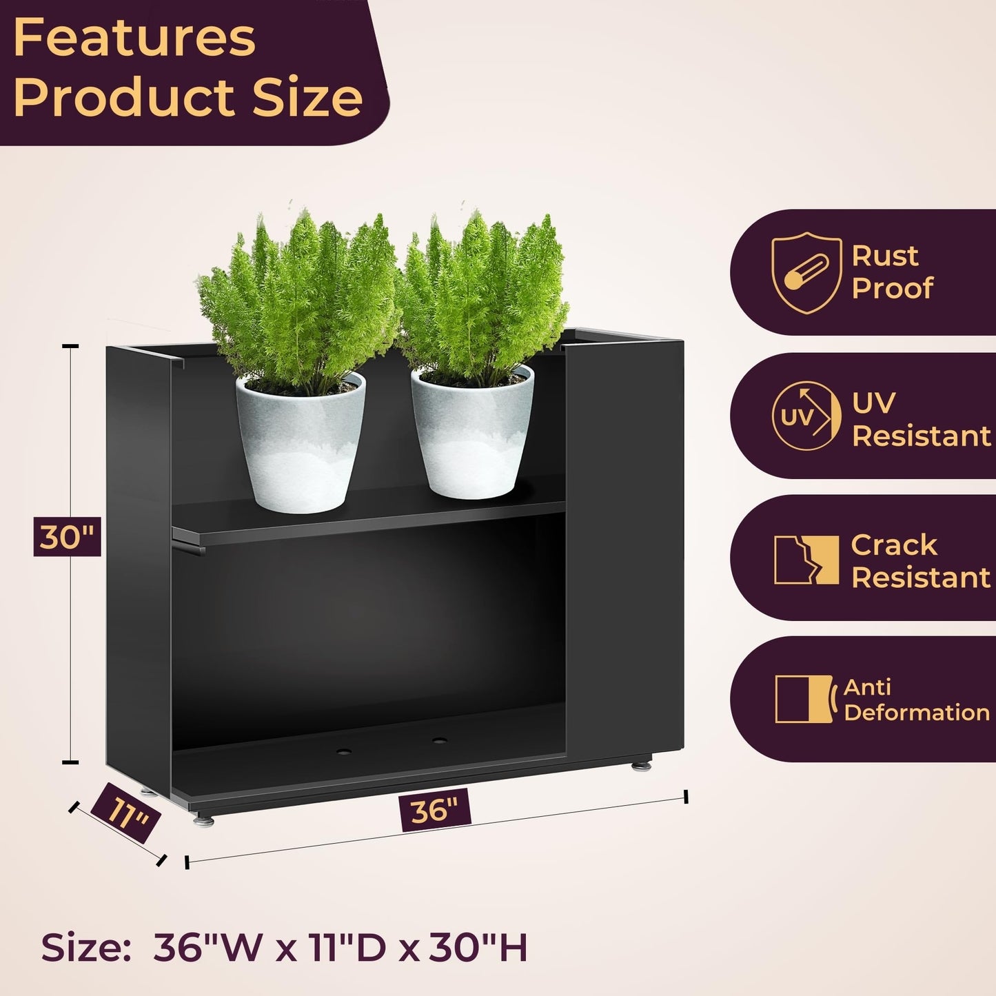 Foresland 36Wx11Dx30H Tall Metal Planter Box with Removable Middle Partition and Adjustable Feet, Outdoor Elevated Planters for Patio, Yard, Deck | Easy Assembly, Drainage Holes, Black