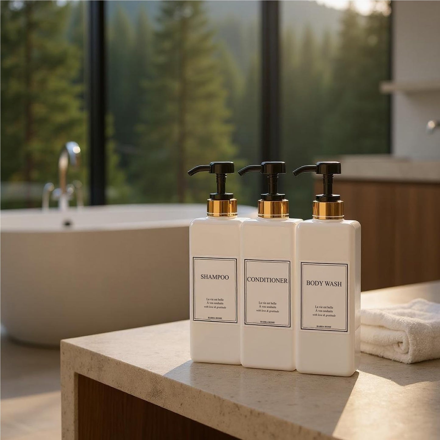 HARRA HOME Modern Gold Design 27 oz Shampoo and Conditioner Dispensers - Plastic Refillable Pump Bottle Set for Bathroom Shower Soap Dispenser, Set of 3 (Black)
