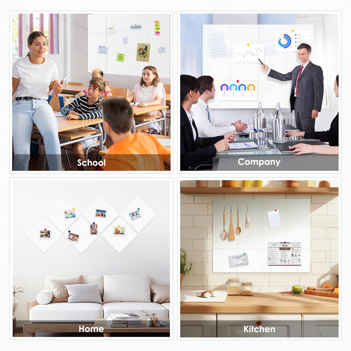 Large Cork Board for Walls 48"x36" |Cork Board Alternative| 12 Pack Felt Wall Tiles| White Bulletin Board with Removable Adhesive | Cork Boards Pinboard for Office Home Classroom,White