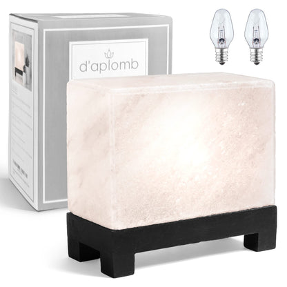d'aplomb 100% Authentic Natural Himalayan Salt Lamp;Hand-Carved Modern Rectangle Rare White Crystal Rock Salt from The Himalayan Mountain; Footed Wood Base, Dimmer Cord; 11.5 lbs