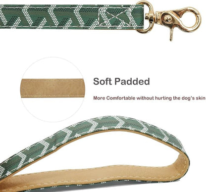 Leather Dog Collar and Leash Set, Check Pattern Dog Collar Leashes Metal Buckle Adjustable Durable for Small Medium Large Dogs (Green, XL(18-22IN))