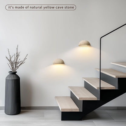 Wabi-Sabi Art Lighting Fixture Nordic Modern Marble Wall Sconce, Half Moon Semi Circle Yellow Travertine Wall Lamp,Japanese Style Natural Stone Bedside Wall Light for Bedroom, Foyer, Entryway,Stairs