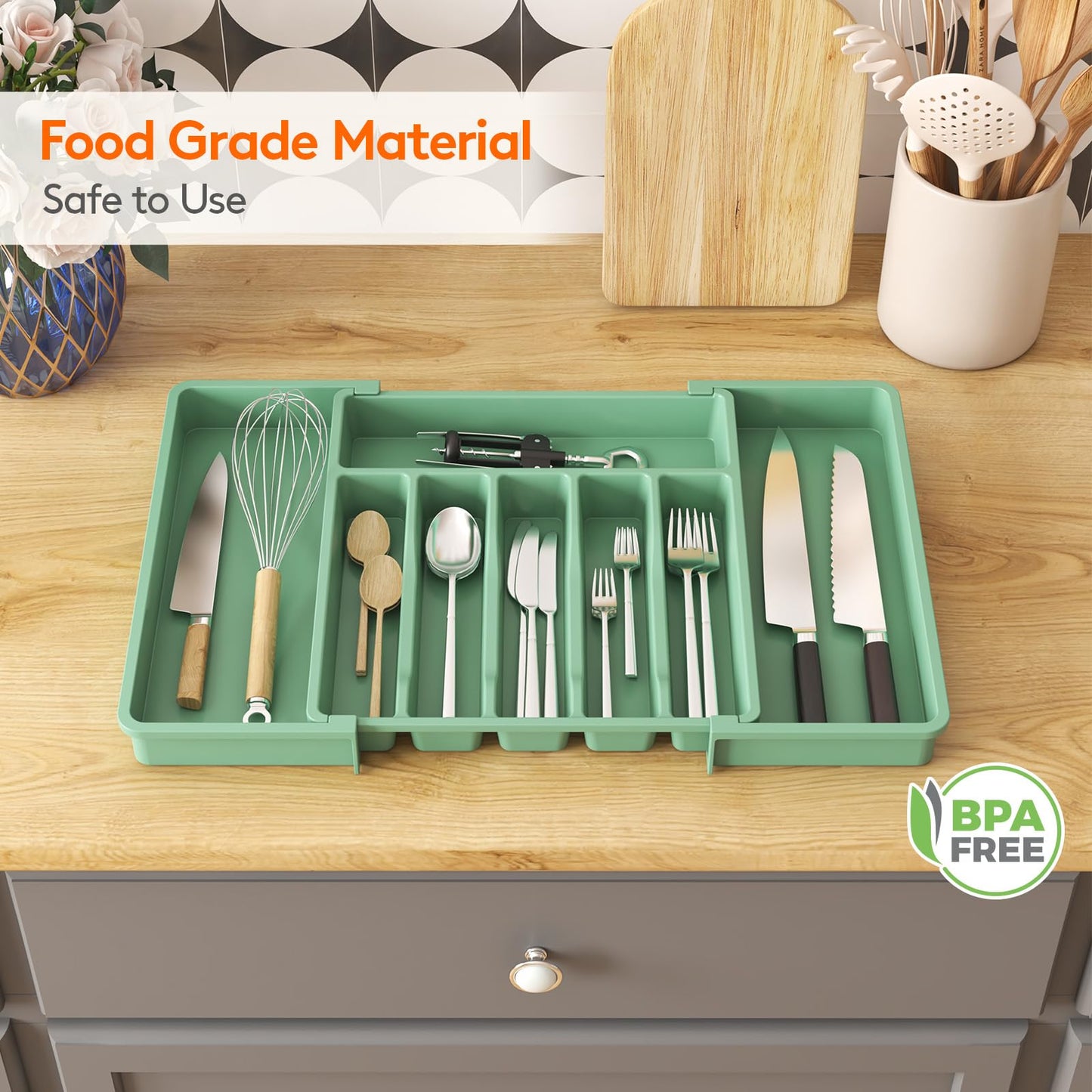 Lifewit Silverware Drawer Organizer, Expandable Utensil Tray for Kitchen, BPA Free Flatware and Cutlery Holder, Adjustable Plastic Storage for Spoons Forks Knives, 8.5"-14.1" x 12.1", Black