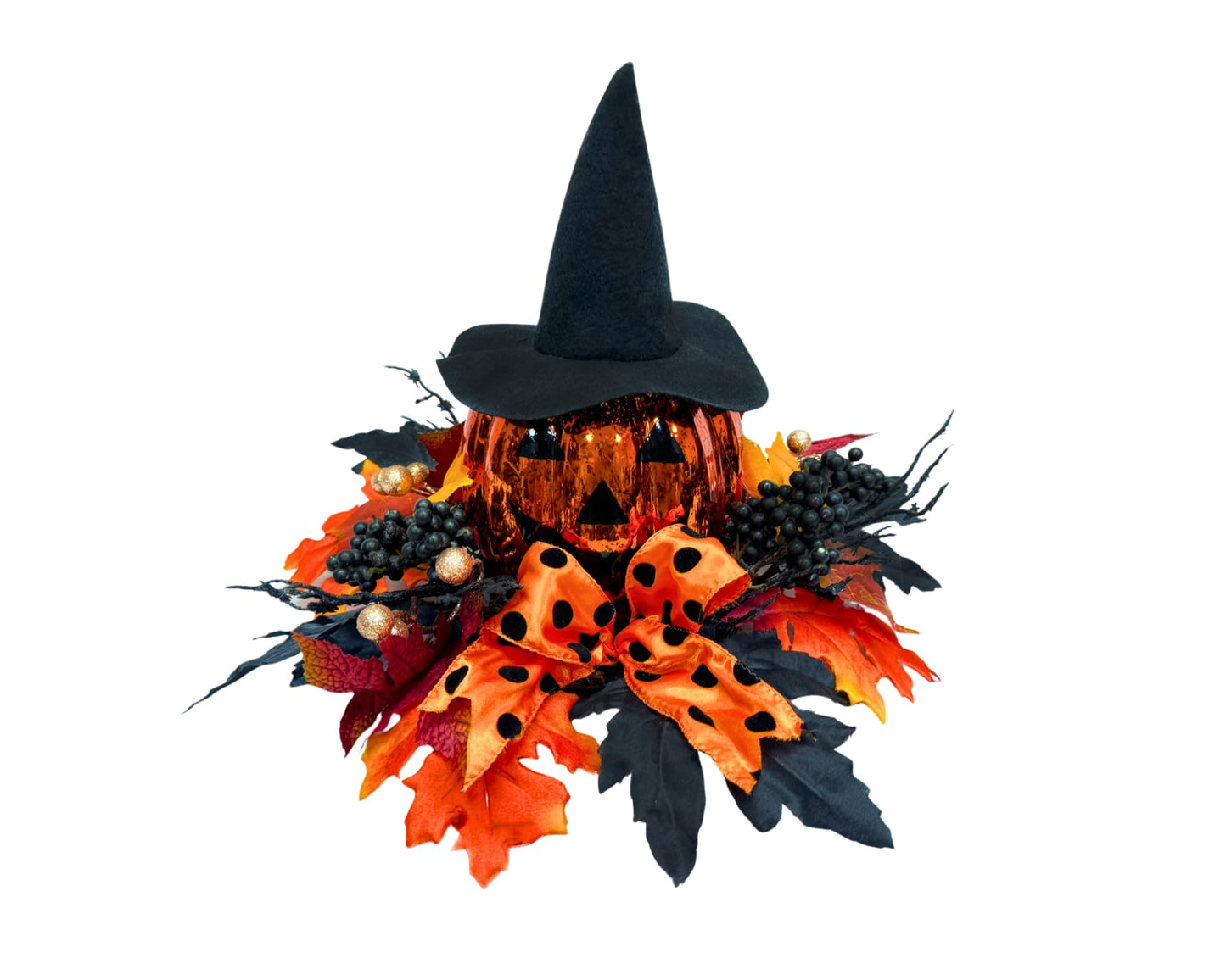 Svndlyn 15 Inch Lighted Halloween Pumpkin Decor with Witch Hat and Bow