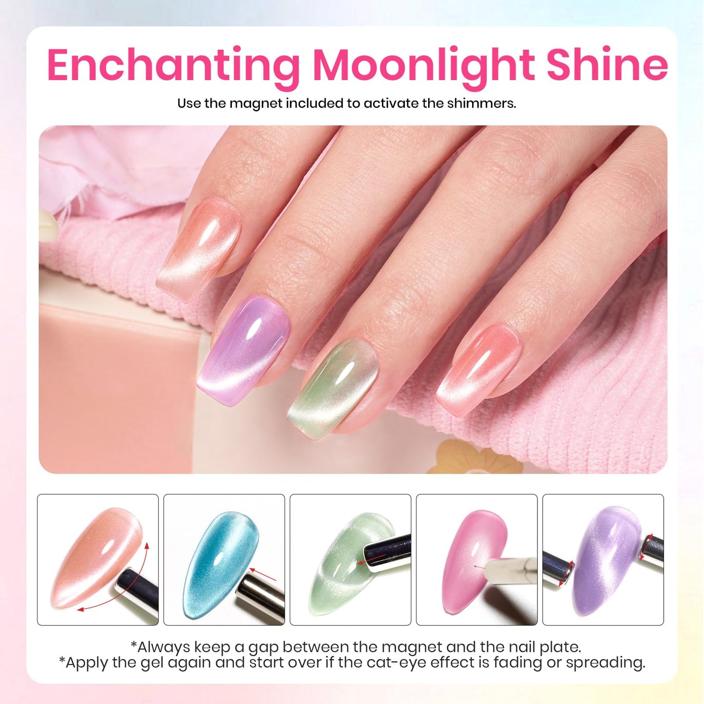Beetles Cat Eye Gel Nail Polish Set, 6 Summer Colors Pastel Shimmer Glitter Gel Polish Kit Soak Off LED UV Curing Requires Pink Red Blue Orange Green Purple Velvet Gel with Magnet Gift for Women