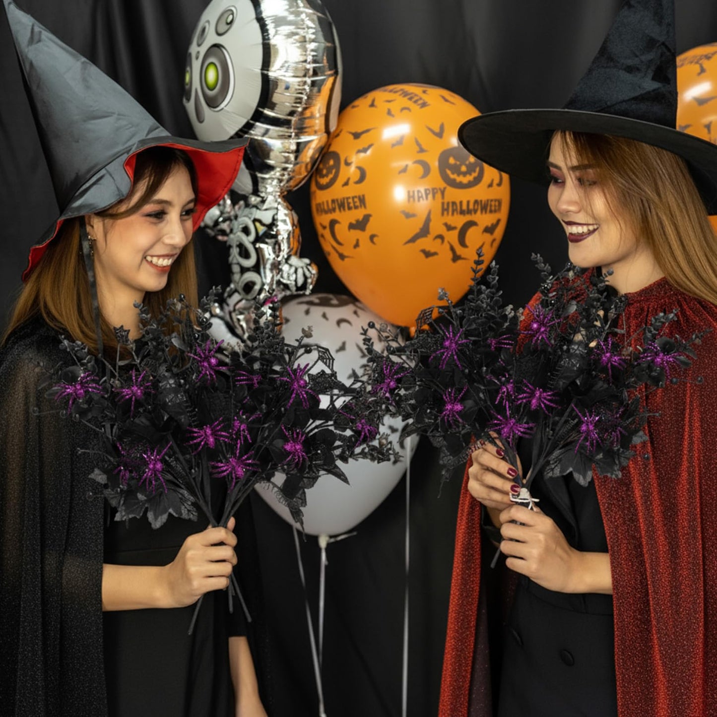 Giegxin 10 Pcs Halloween Floral Picks Halloween Decorations 19.5inch Black Artificial Flowers Branches Eucalyptus Stems Glitter Spiderweb Maple Leaf Stems for Home Indoor Party Vase Arrangement Decor