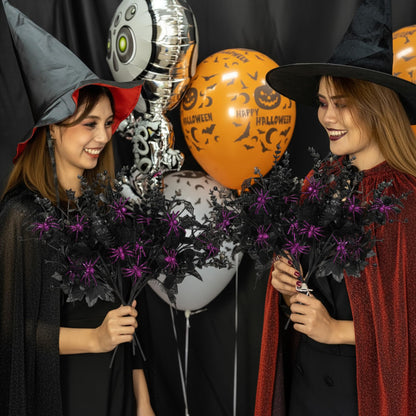 Giegxin 10 Pcs Halloween Floral Picks Halloween Decorations 19.5inch Black Artificial Flowers Branches Eucalyptus Stems Glitter Spiderweb Maple Leaf Stems for Home Indoor Party Vase Arrangement Decor