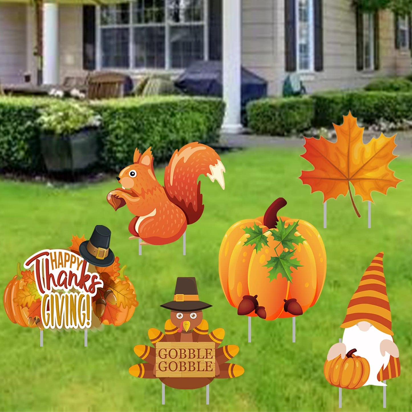 Thanksgiving Yard Signs Stakes - 6PCS Fall Outdoor Decorations - Maple, Squirrel, Turkey, Gnome, Pumpkin Corrugated Lawn Signs for Outside