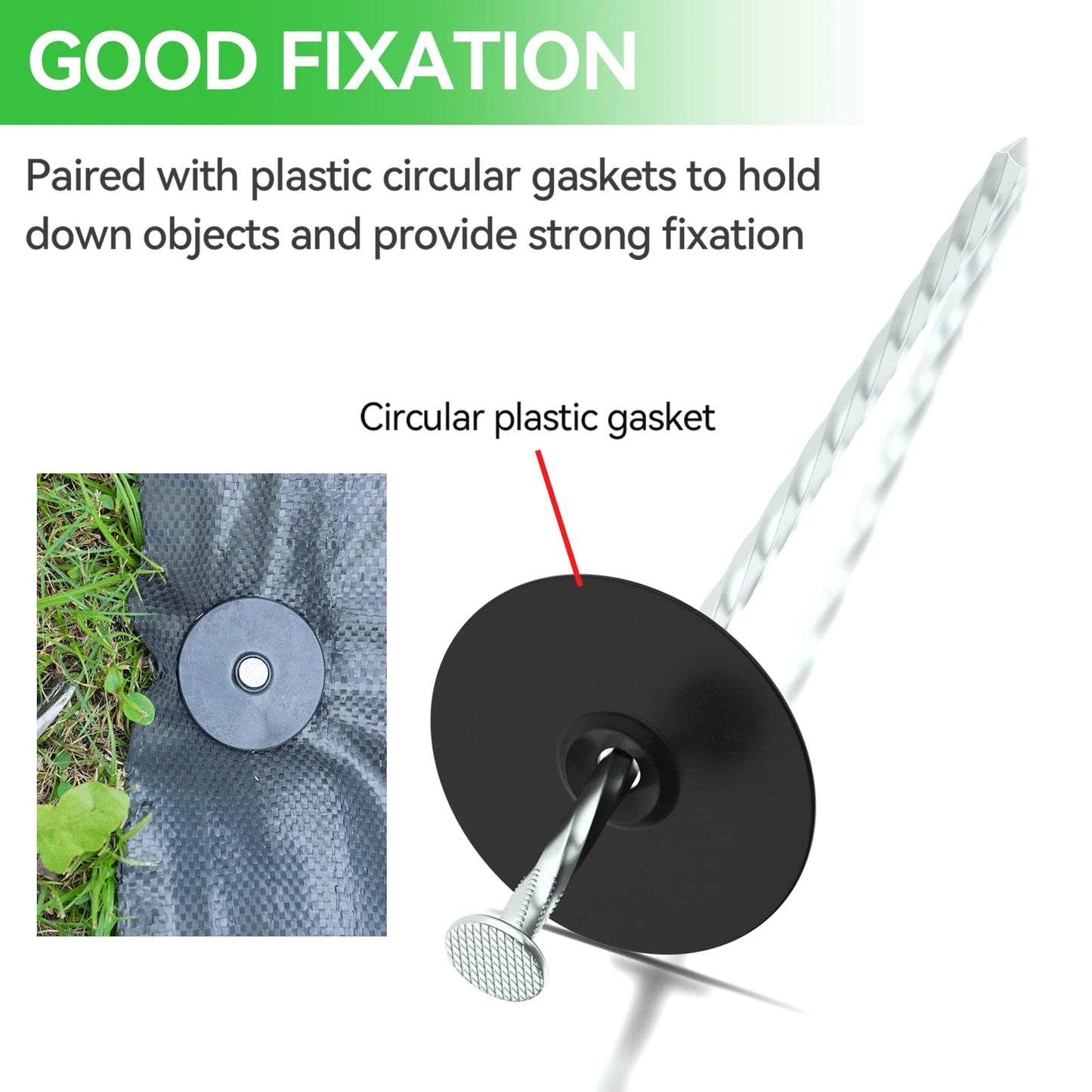 EISENSP 200 Pack Landscape Stakes with Gasket Caps - 6.3 Inch Heavy-Duty Galvanized Steel Garden Spikes are Used to Fixing Weed Barrier, Artificial Lawn, Patio Rug, Etc
