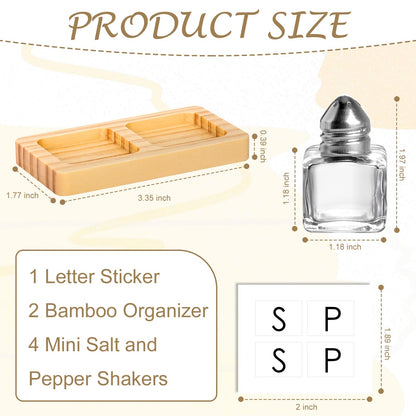 4 Pcs Mini Salt and Pepper Shakers Set with 2 Wood Organizer Tray Sticker 0.5 oz Small Glass Salt and Pepper Shakers Bulk Tiny Individual Salt and Pepper Shakers Cube Spice Jars for Travel Party
