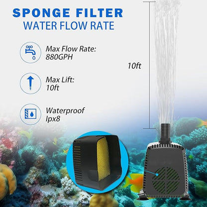 Knifel Submersible Pump 880GPH with AUTO-Shut-Off 10ft High Lift for Fountains, Hydroponics, Ponds, Aquariums & More