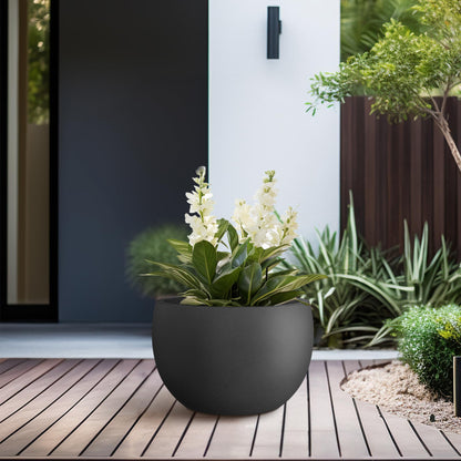 Kante 11.8" Dia Round Concrete Planter, Outdoor/Indoor Large Bowl Plant Pots with Drainage Hole and Rubber Plug for Garden Patio Balcony Home, Black