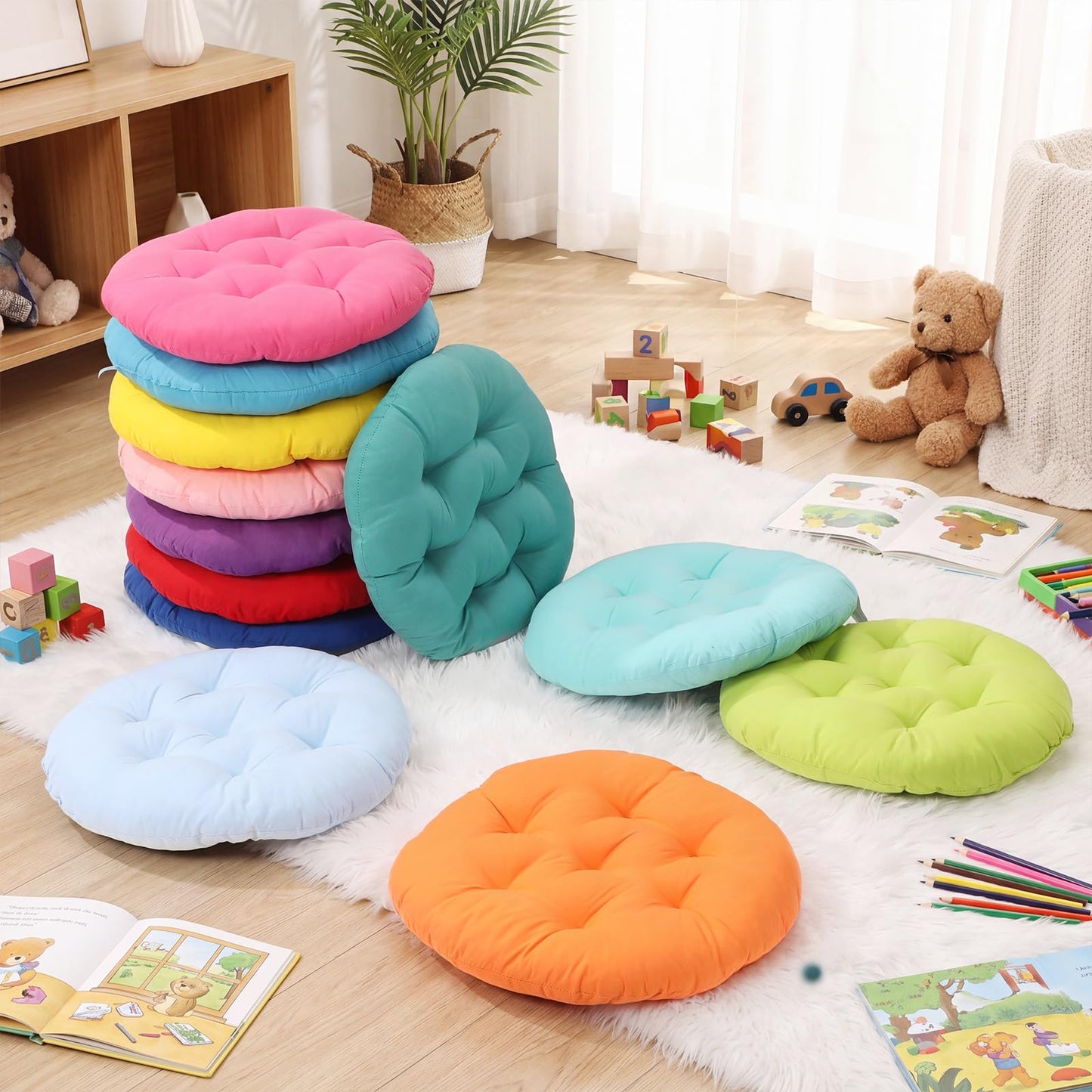 Fumete 12 Pcs Round Floor Pillows Cushions Seating 16 x 16 Inches Floor Round Cushions for Kids Toddlers Flexible Reading Chair Pillows for Classroom Home School Playing Supplies(Classic)