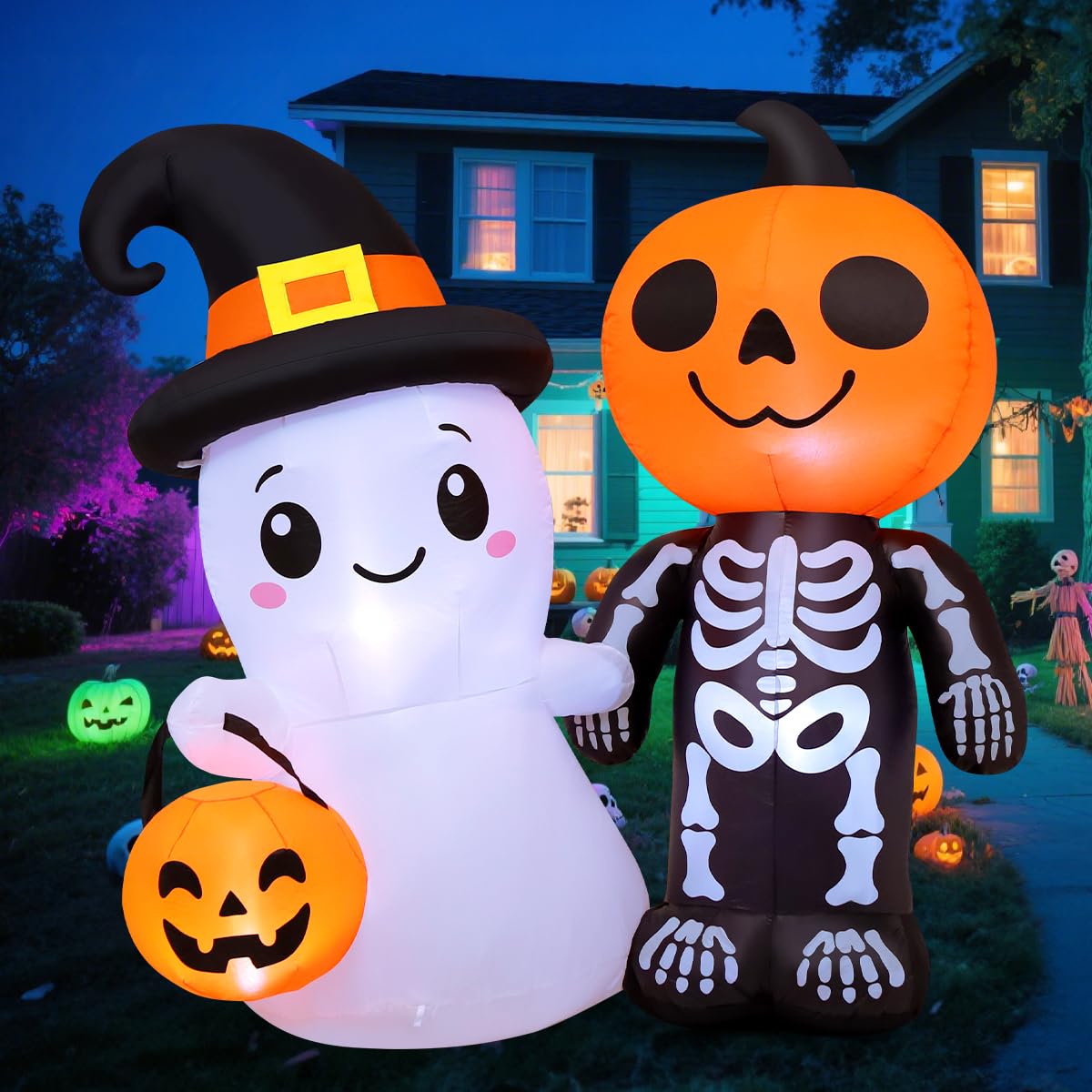 GOOSH 5.4FT Halloween Inflatables Outdoor Decoration Blow Up Yard Cute Ghost and Skull Pumpkin with Built-in LEDs for Indoor Party Garden Lawn Holiday Decor