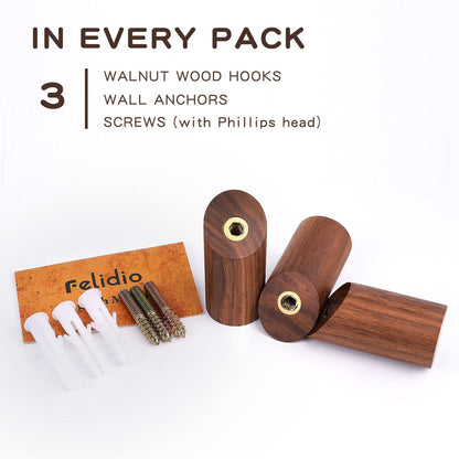 Felidio Wood Wall Hooks, 3 Pack Rustic Coat Hook Wall-Mounted, Decorative Hooks for Hanging Coats Hats Towels Robes Hat Rack for Wall (Walnut Wood)