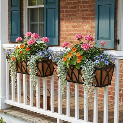 Nature Crafted 24 Inch Window Box Planter with Coco Liner for Hanging Outdoor Plants, 2 Pack Railing Planter Boxes with Adjustable Brackets for Balcony Deck Porch & Patio Garden Decor, Black