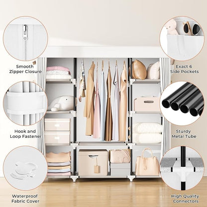 VTRIN Portable Closet Wardrobe for Hanging Clothes 57.3 Inch Large Capacity Clothes Rack with Cover, 10 Storage Organizer Shelves, 1 Hanging Rods and 6 Pockets, Free Standing Closet, White