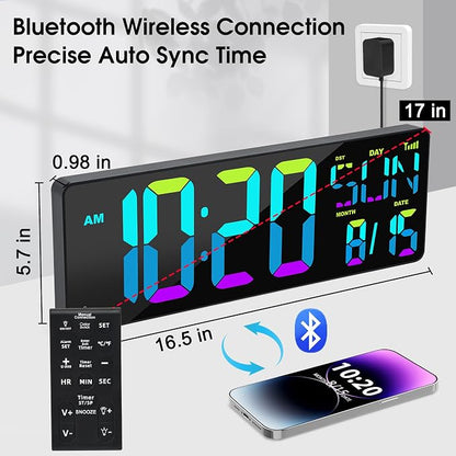 XREXS Large Digital Wall Clock Bluetooth Sync, 17.2" RGB Color Changing Digital Clock with Remote Control, Adjustable Brightness Grandfather Clock, Temperature for Home, Gym and Classroom