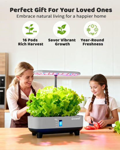Growell Hydroponics Growing System Kit, 16 Pods, Vertical 8L Indoor Gardening System for Herb Vegetable Fruit, Hydro Garden with LED Grow Light, Smart Water Circulation, 3 Light Modes & 2 Timer, Gray