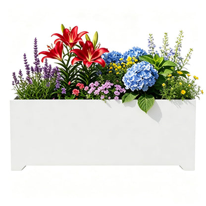36" White Rectangular Planter, 36x15x15 Inch Large Metal Flower Box with 6 Drainage Holes, Raised Bottom, Galvanized Outdoor Planter for Patio Garden Deck, Heavy Duty Planter for Vegetables Shrubs