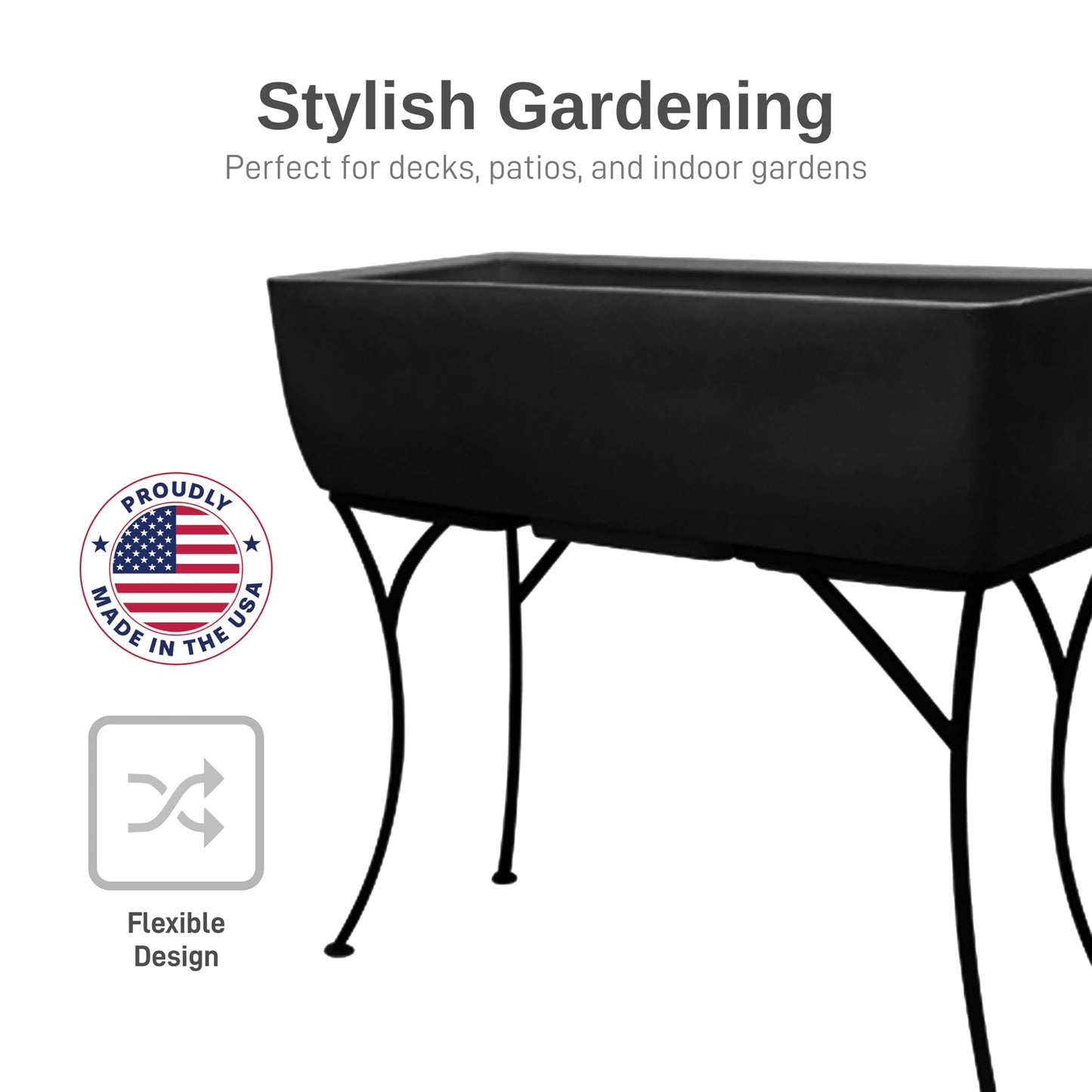 RTS Home Accents 36" x 15" Rectangular Garden Planter with Wrought Iron Stand for Indoor or Outdoor Gardening, Black - Durable, Stylish, and Weather-Resistant Planter for Modern Garden Spaces