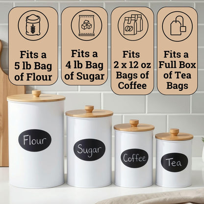 Kitchen Canisters for Countertop Set of 4 with Customizable Chalkboard Labels & Marker Pen - Big Iron Kitchen Canisters with Airtight Lids - White Canister Set - Flour and Sugar Containers Farmhouse