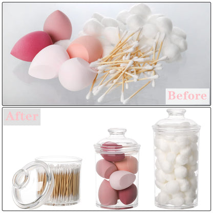Lyellfe Set of 3 Acrylic Apothecary Jars, Vanity Organizer Canister with Airtight Lids, Bathroom Cotton Swab Holder, Clear Storage Jar for Candy, Bath Salt, Cotton Ball, 34 oz, 25 oz, 17 oz