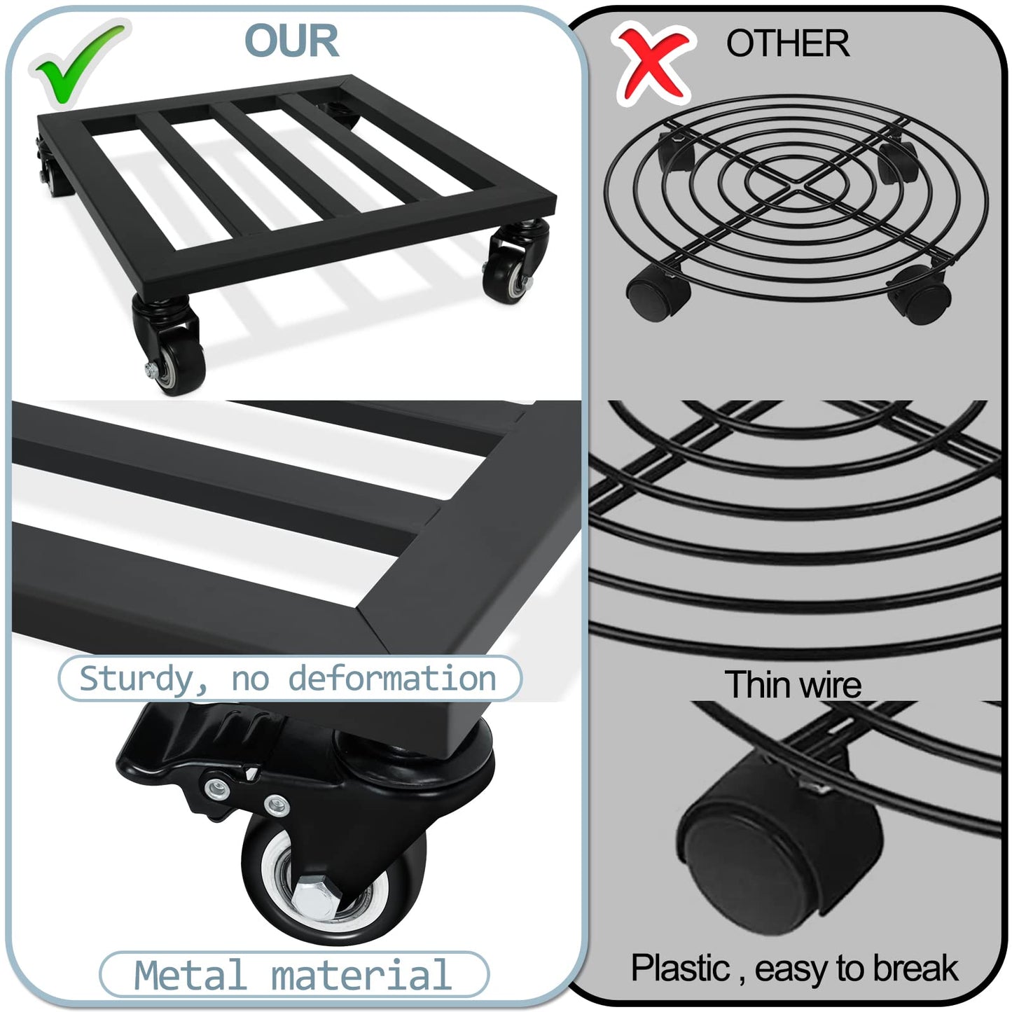 SPEETH Plant Caddy with Wheels, 2 Pack 12 Inch Plant Stand with Wheels Metal Square Planter Dolly with Lockable Caster Heavy Duty Dolly Base for Indoor Outdoor, Black