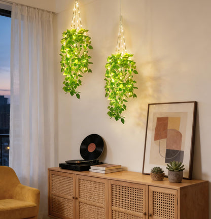 Mkono 2 Packs Fake Hanging Plant with Lights, Artificial Plants for Home Decor Indoor Macrame Plant Hanger with Fake Vines Greenery for Bedroom Bathroom Kitchen Office Decor