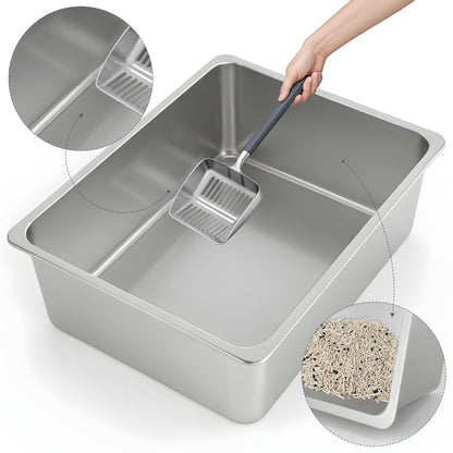 Kirecoo Stainless Steel Cat Litter Box - Metal High Sided Cat Pan, Large Stainless Steel Box, Indoor Litter Tray, Non Stick, No Smell, Easy to Clean, Pet Toilet Supplies for Kitten, Kitty, Rabbit