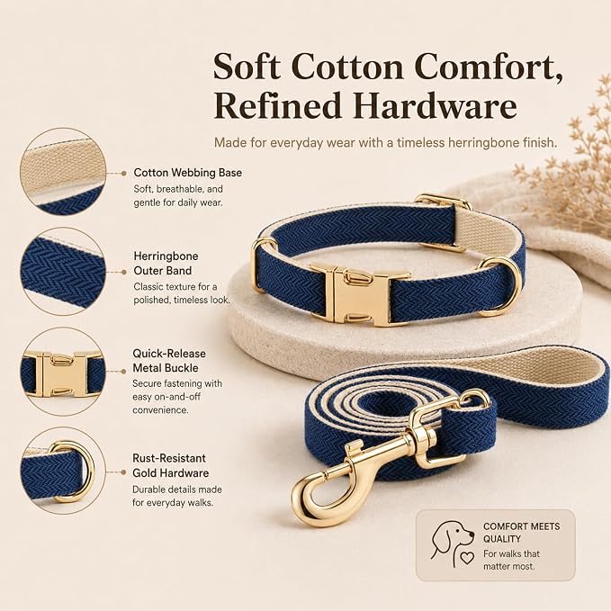 Herringbone Tweed Dog Collar and Leash Set for Medium Dogs, Navy Blue | Snag-free, no-rub design. Soft breathable cotton, gentle on fur. Adjustable durable matching combo for walks & outdoors.