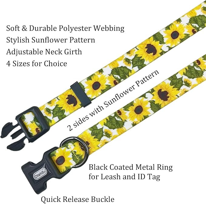 Dog Collar Leash Set, Floral Pattern, 5ft Matching Leash, Polyester Material, 4 for Small Medium Large Dogs.(XS, Sunflower)