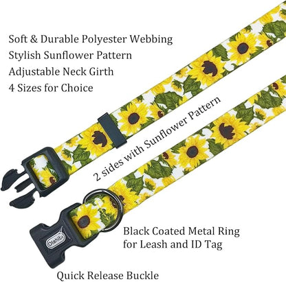 Dog Collar Leash Set, Floral Pattern, 5ft Matching Leash, Polyester Material, 4 for Small Medium Large Dogs.(S, Sunflower)