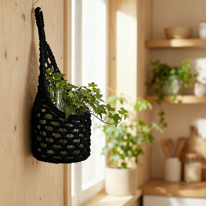 HOREAKHJ Macrame Wall Plant Hanger, Hanging Planter Basket Holder, Wall Planters for Indoor Plants, for Up to 6 Inch Pot (Black, 6-Inch)