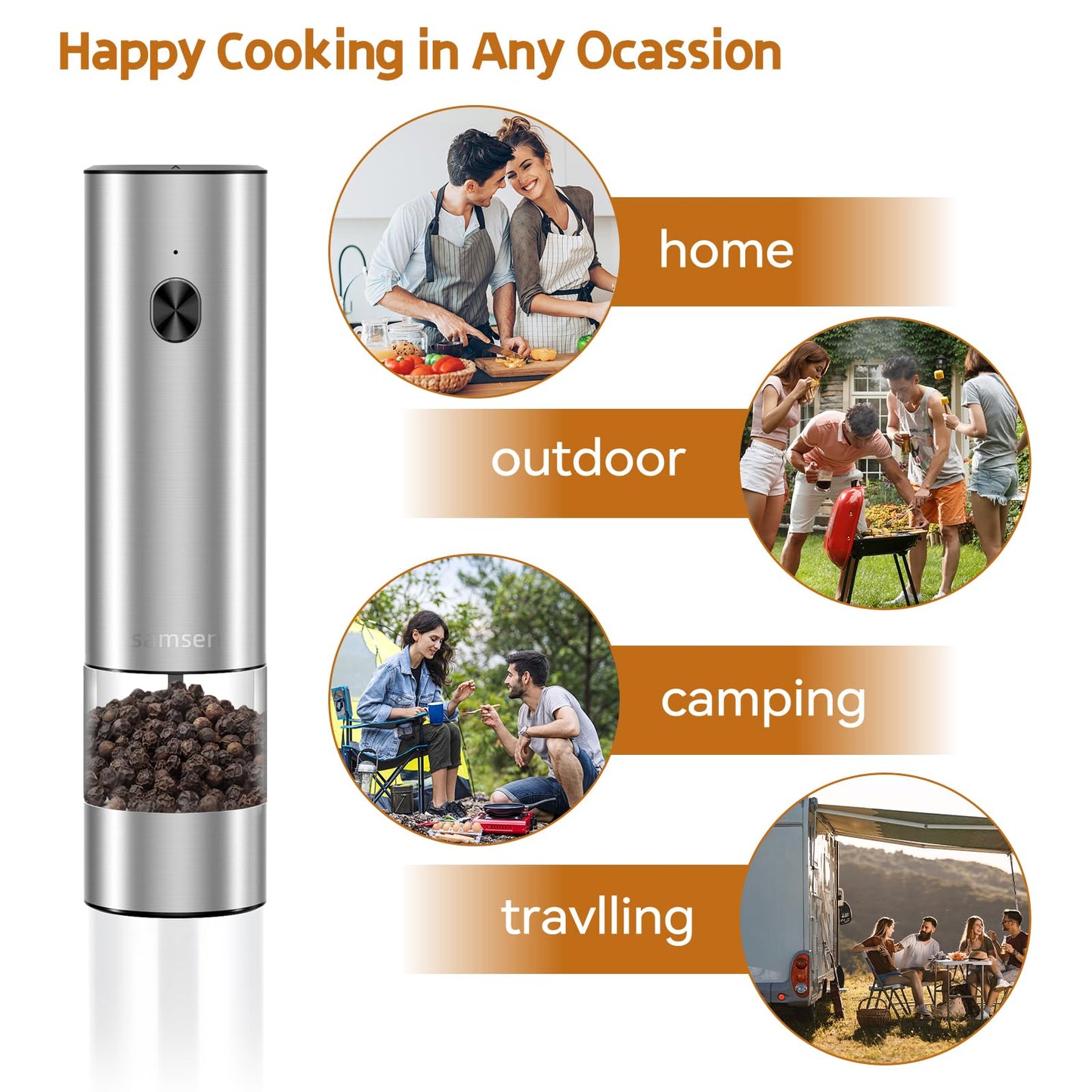 Electric Pepper Grinder & Salt Mill - Battery Operated Stainless Steel Body with Transparent Container LED Light One-Hand Operation Push-Button Switch Adjustable Coarseness Easy Refill & Clean