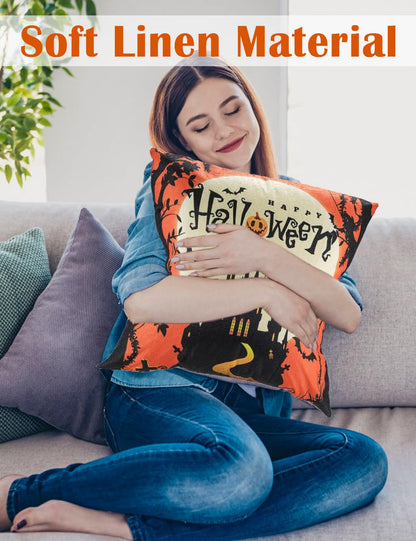 Halloween Decorations Set Of 4 Double-Sided Print Pillow Covers 18" x 18", with 8 Cute Halloween Decor Patterns, Elegant Invisible Zipper, Soft Linen Throw Pillow Covers for Outdoor & Indoor Use