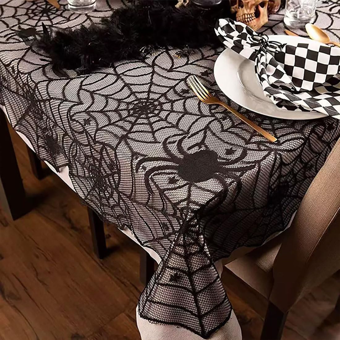 PIGETALE Black Lace Halloween Tablecloth Rectangular Overlay 54 x 72 Inches Spider Web Embroidered Table Cloth Gothic Table Cover Decor for Masquerade Scary Movie Nights Dinner Party Decorations