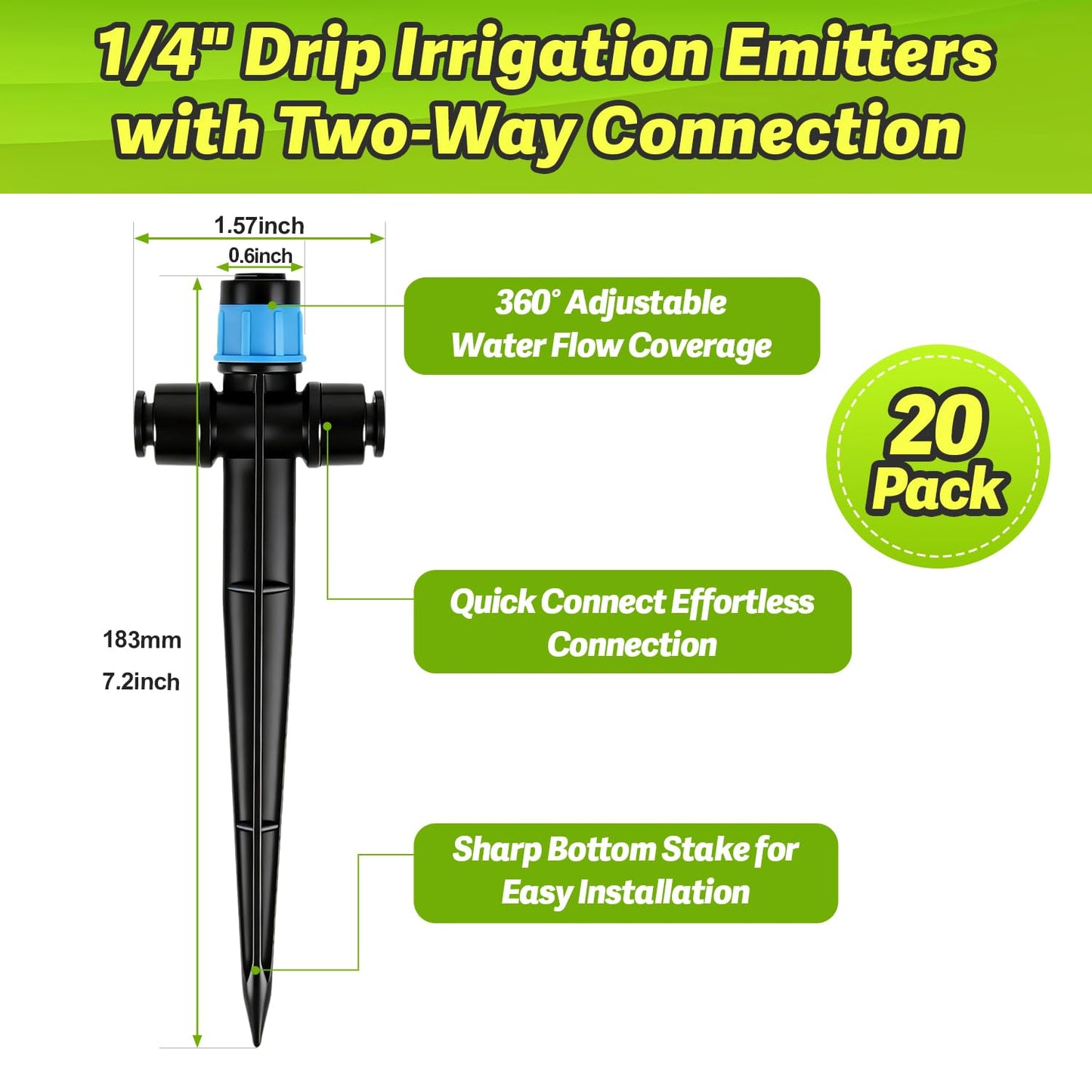 Copadri 20 Pack Two-Way Quick Connect Drip Emitters Fan Shape with Stake for 1/4" Irrigation Tubing, Adjustable 360 Degree Water Flow Irrigation Vortex Sprayer for Garden Watering System
