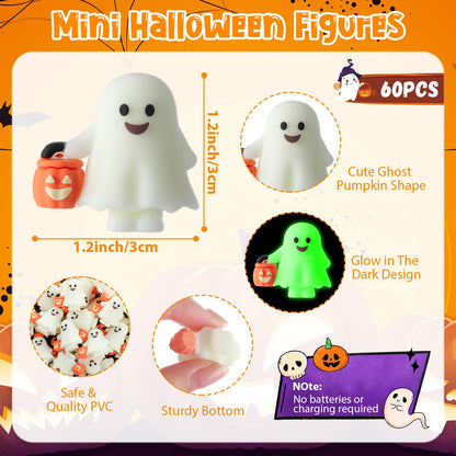 Simgoing 60 Pcs Halloween Mini Ghosts Figures Luminous Little Ghost Figures Glow in Dark Mini Statues Figurines to Hide and Seek Trick or Treat Gifts for Halloween Party Favors Dollhouse Toys