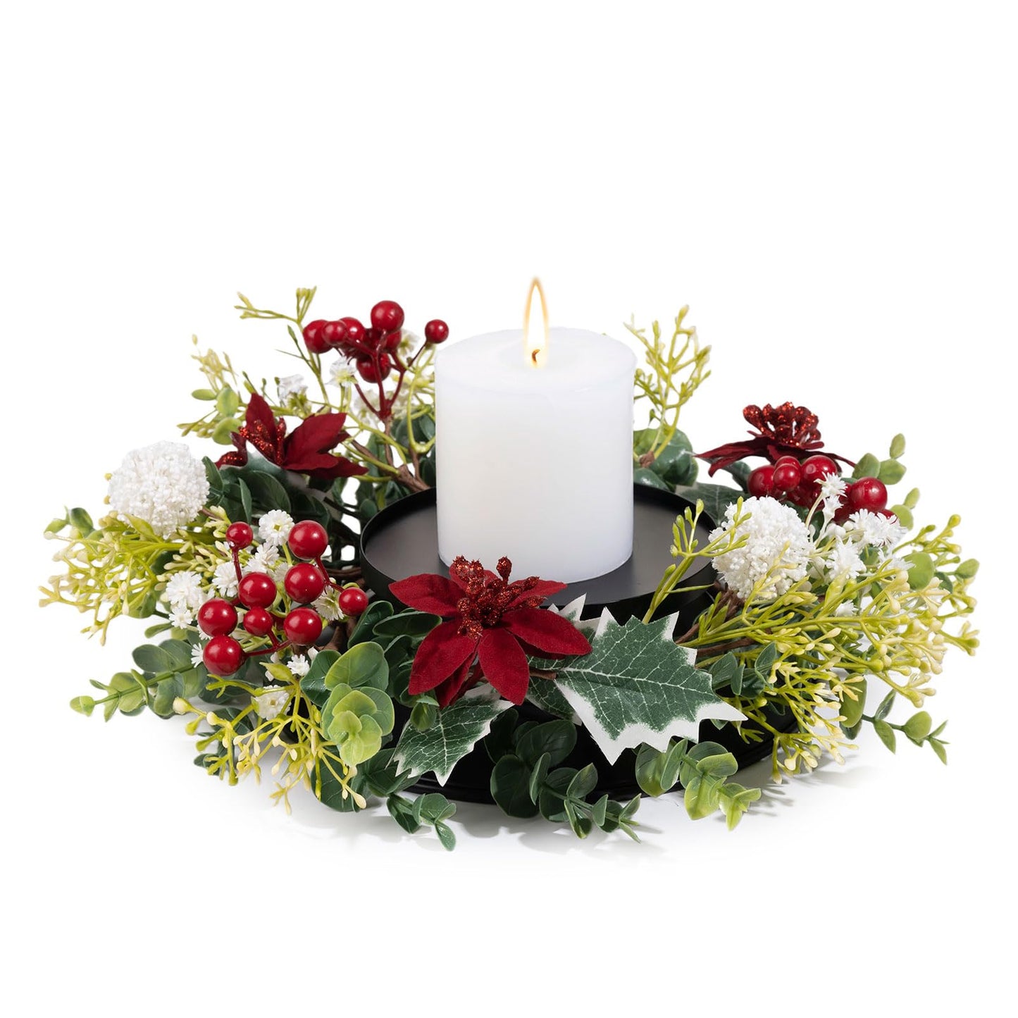 MOYEE Winter Christmas Candle Holder Centerpieces for Tables,Candle Ring, Black Metal Candlestick with an Artificial Wreath 14 in Versatile Dining Table Centrepiece (White Ball Wreath)