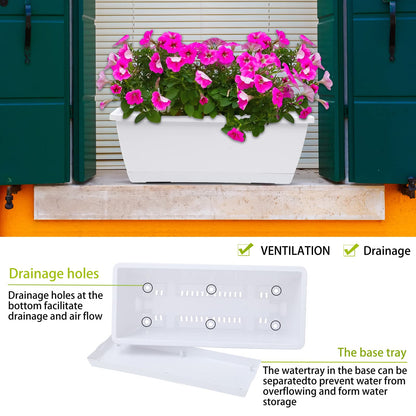 CHUKEMAOYI Window Box Planter, 7 Pack Plastic Vegetable Flower Planters Boxes 17 Inches Rectangular Flower Pots with Saucers for Indoor Outdoor Garden, Patio, Home Decor (White)