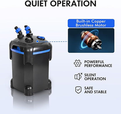 AMOSIJOY Canister Filter, Ultra-Quiet External Aquarium Filter with Free Media for Large Fish Tanks and Aquariums