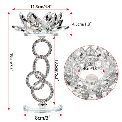 OwnMy Set of 2 Crystal Lotus Flower Candle Holders Metal Glass Lotus Pillar Candlestick Holders, Silver Crystal Lotus Tealight Candlesticks Votive Candle Stands for Wedding Table Centerpiece, 7.5" H
