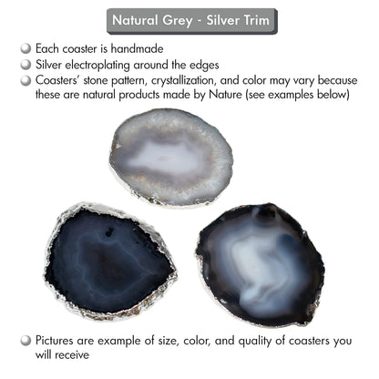 Nature's Decorations Natural Agate Stone Coasters with Real Silver Edge - Set of 4 Polished Geode Drink Mats for Dining & Coffee Table & Kitchen Decor No Dye 3.5-4" Diameter