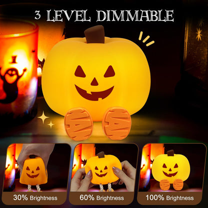 Gefaxi Pumpkin Night Light for Kids Cute Jack O Lantern Halloween Decor Nightlight for Baby Nursery Toddler Squishy Pumpkin Lights Cordless Rechargeable Dimmable Silicone Bedside Lamp Halloween Gifts
