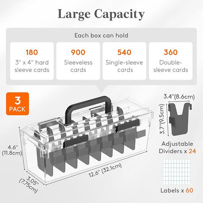 Lifewit Trading Card Storage Box fit for Toploader, Stackable Reinforced Latch Case with 8 Adjustable Dividers, Writable Labels, Organizer for MTG TCG Sports Baseball Bulk Cards, 3 PCS