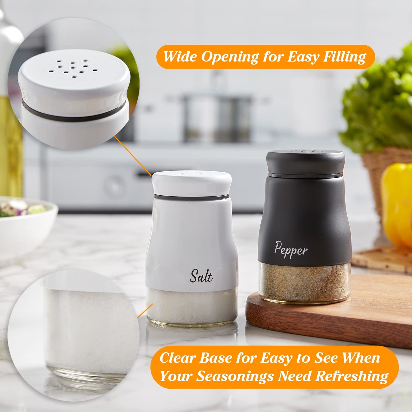 Salt and Pepper Shakers Set, Bivvclaz 5 Ounce Salt and Pepper Dispenser with Glass Bottom, Cute Salt and Pepper Shakers for Modern Home Kitchen Decor, Easy Filling