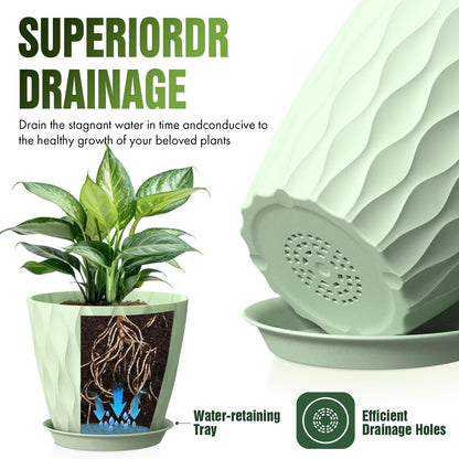 Areutxbis 8 Inch Wave Plant Pots with Drainage Holes & Saucers, 4 Pack Modern Textured Medium Planters for Indoor Outdoor Plants, Decorative Flower Pots Repotting Set for Flowers, Herbs (Green)