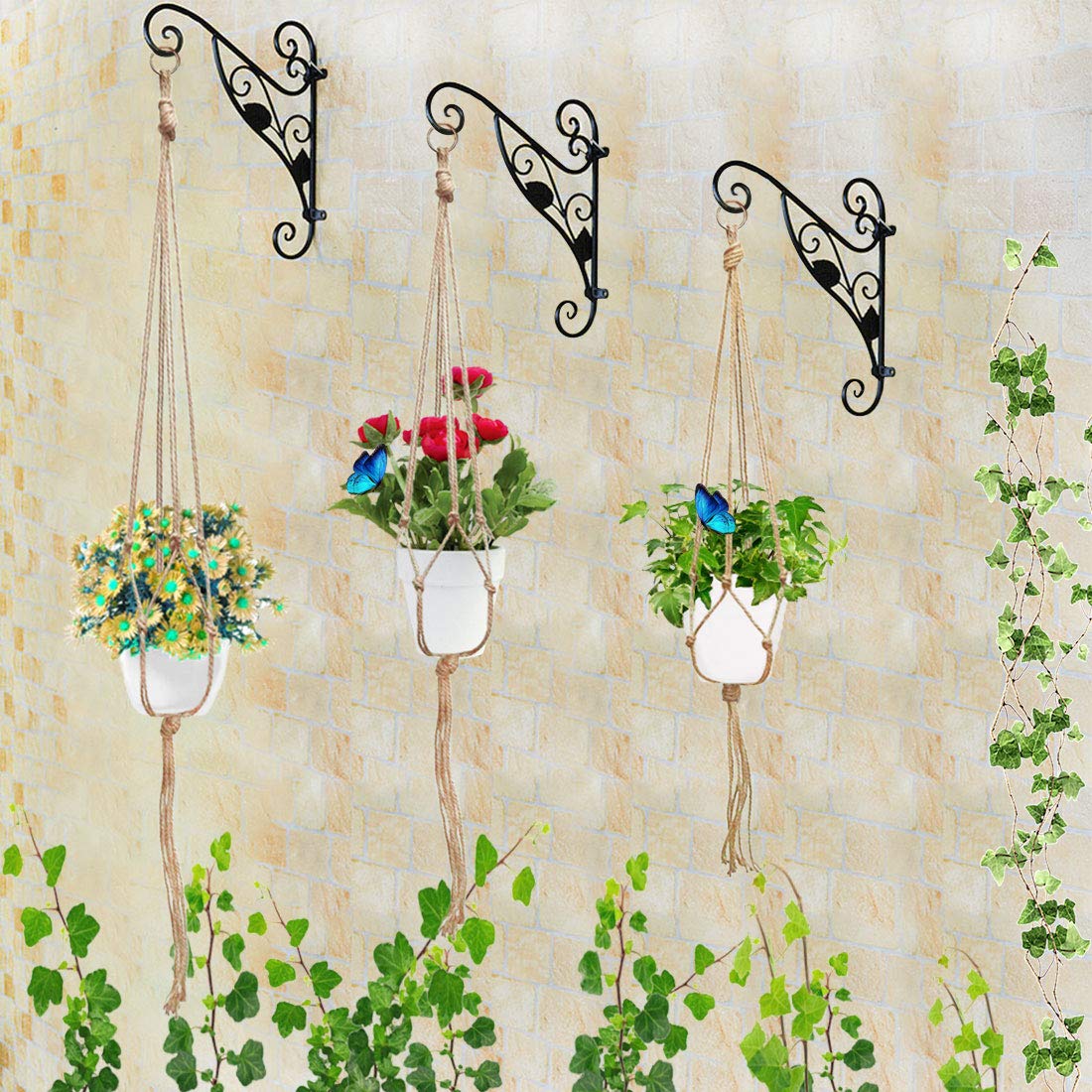 Swpeet 6 Pack 3 Sizes Macrame Hanging Planter Holder Plant Hanger with 6 Pack 2.9 Inch Ceiling Cup Hooks Kit, Hanging Planter Basket Rope Holder for Indoor Outdoor Decorations Beautiful Hanging