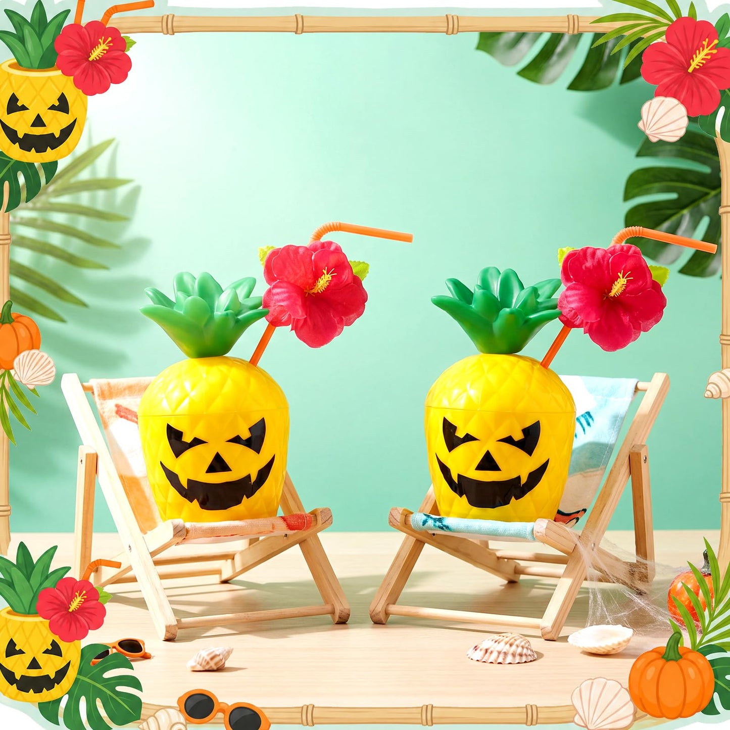 Yungyan 6 Sets Summer Halloween Pineapple Cups Drink Bottles with Ghost Facial Stickers & Straws for Summer Halloween Party Supplies Hawaiia Themed Hallows' Eve Ghost Tropical Favors Decorations